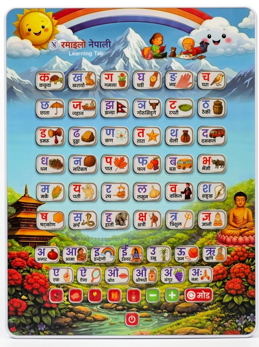 Ramailo Nepali Learning Tab face with all Nepali letters, pictures, and buttons